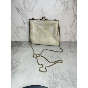 Vintage Small Size White Pearl Shimmer on White Micro Bead Chain Purse 6" x 5"